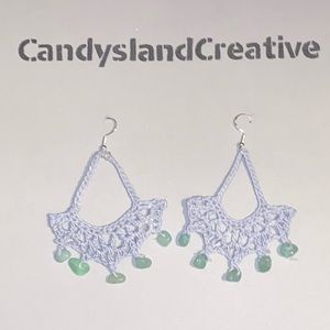 Handmade silver/grey crochet dangle earrings with fluorite chips
